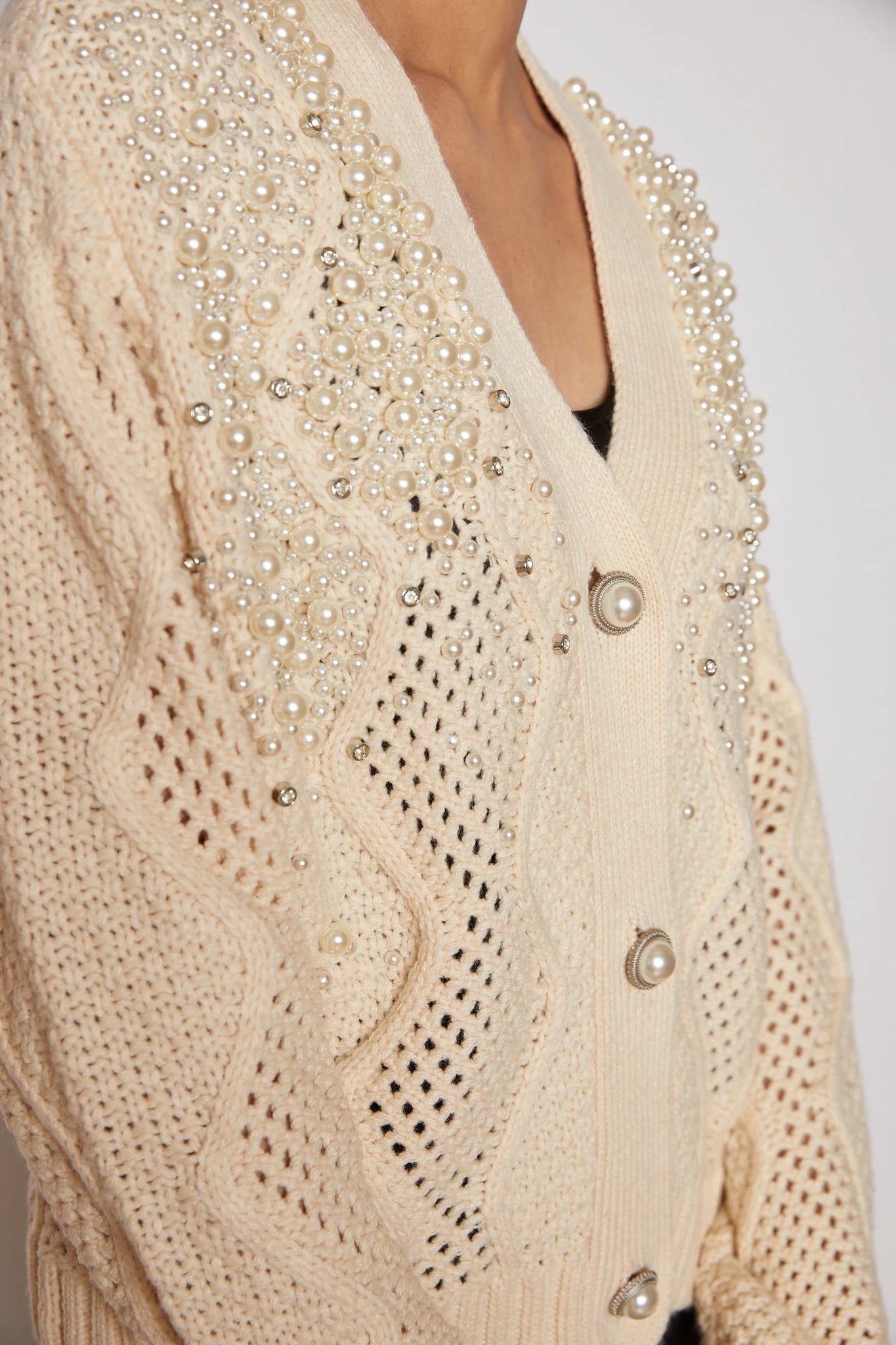 jovonna darcy pearl knit cardigan in beige (detail)