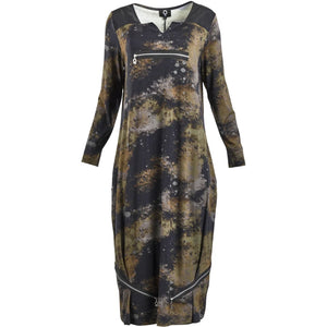 mysoul stain print long dress in olive green (front)