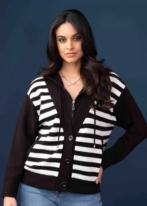 elena wang hooded knit cardigan in black & white (front)