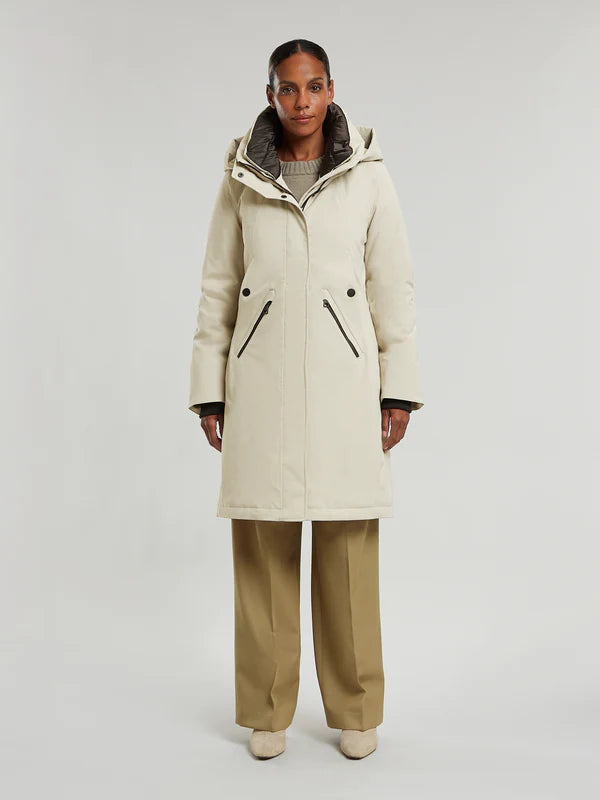 creenstone evanna raincoat in almond milk (front)