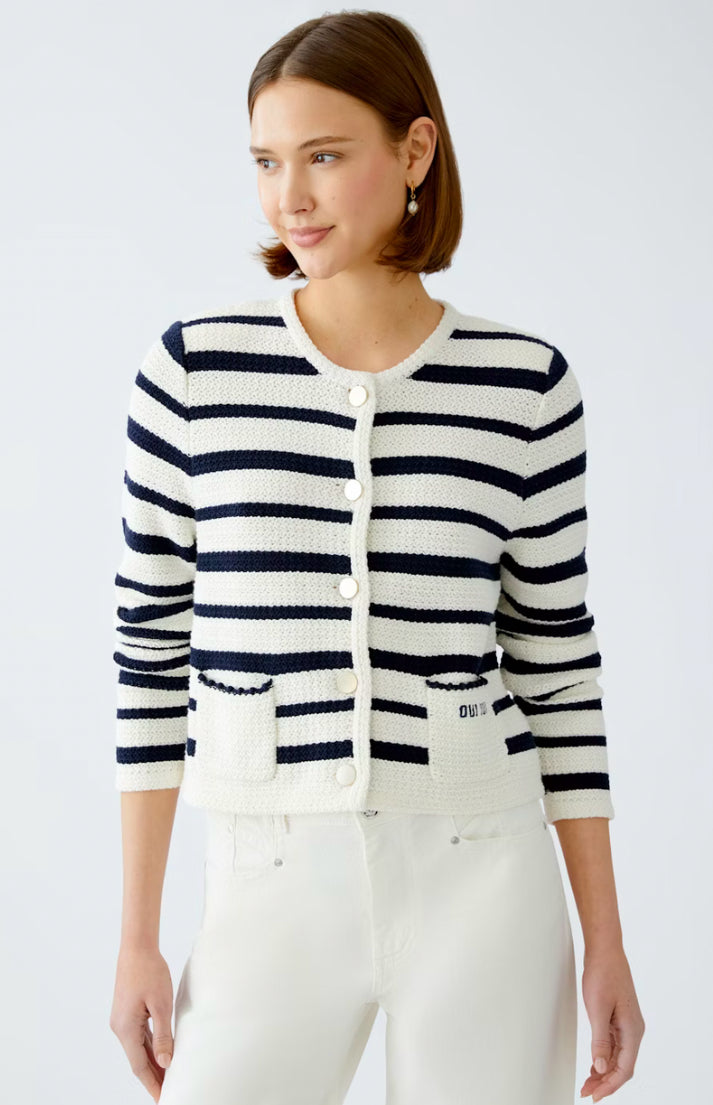 oui stiped button up crop cardigan in navy&white (front)