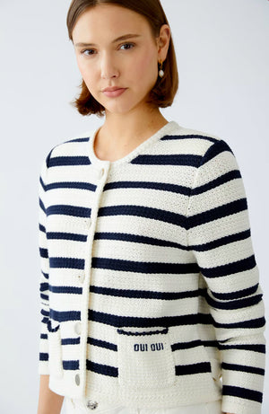 oui stiped button up crop cardigan in navy&white (detail)