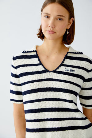 oui striped knit polo top in navy&white (front)