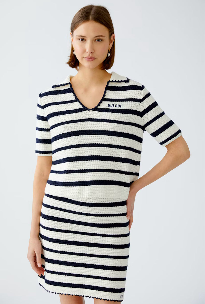 oui striped knit polo top in navy&white (front)