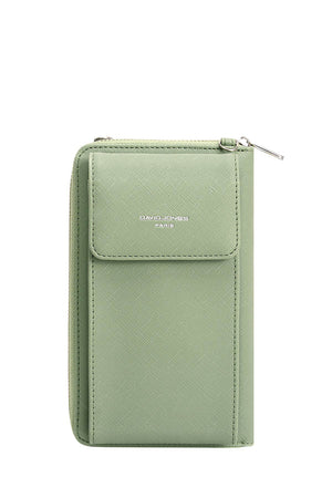 <p>David jones mini bag with zip wallet side with card slots and change section and a clasp close pocket perfect for your phone with long strap in sage green</p>