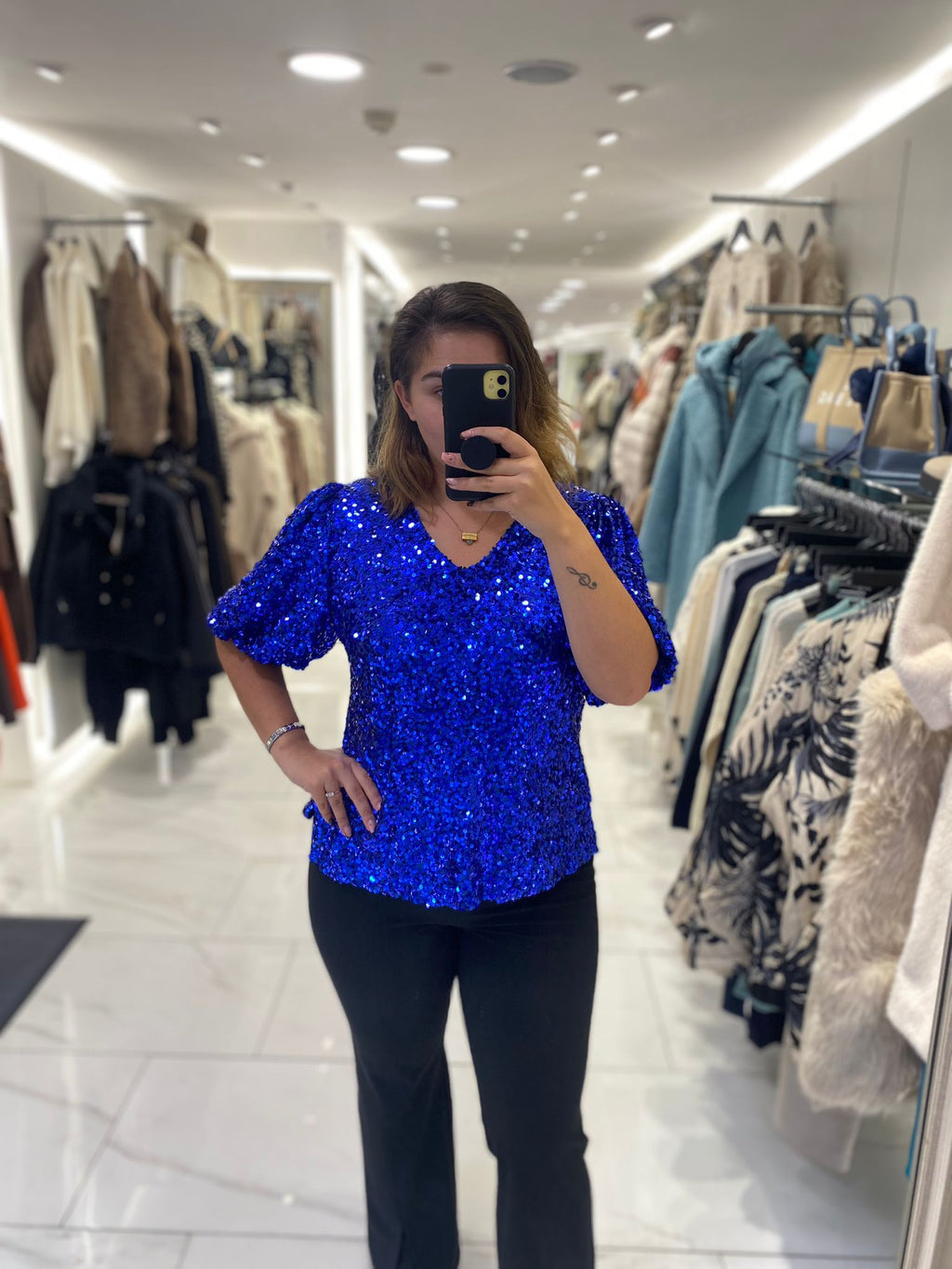 Sequin puff sleeve top in blue (front)