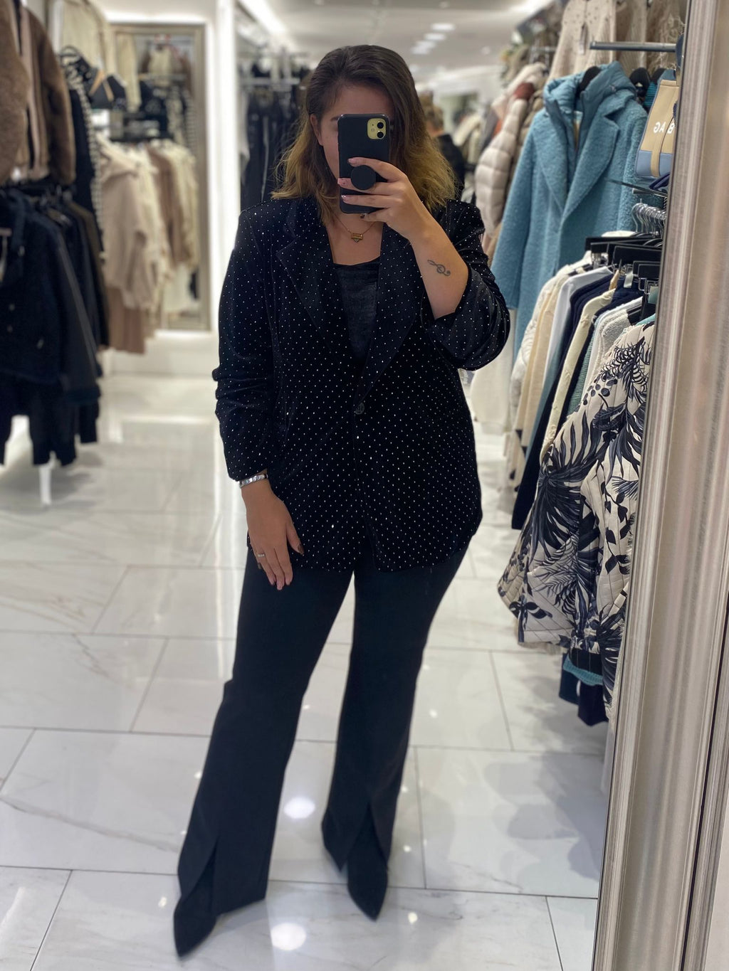 Velvet studded blazer in black (front)