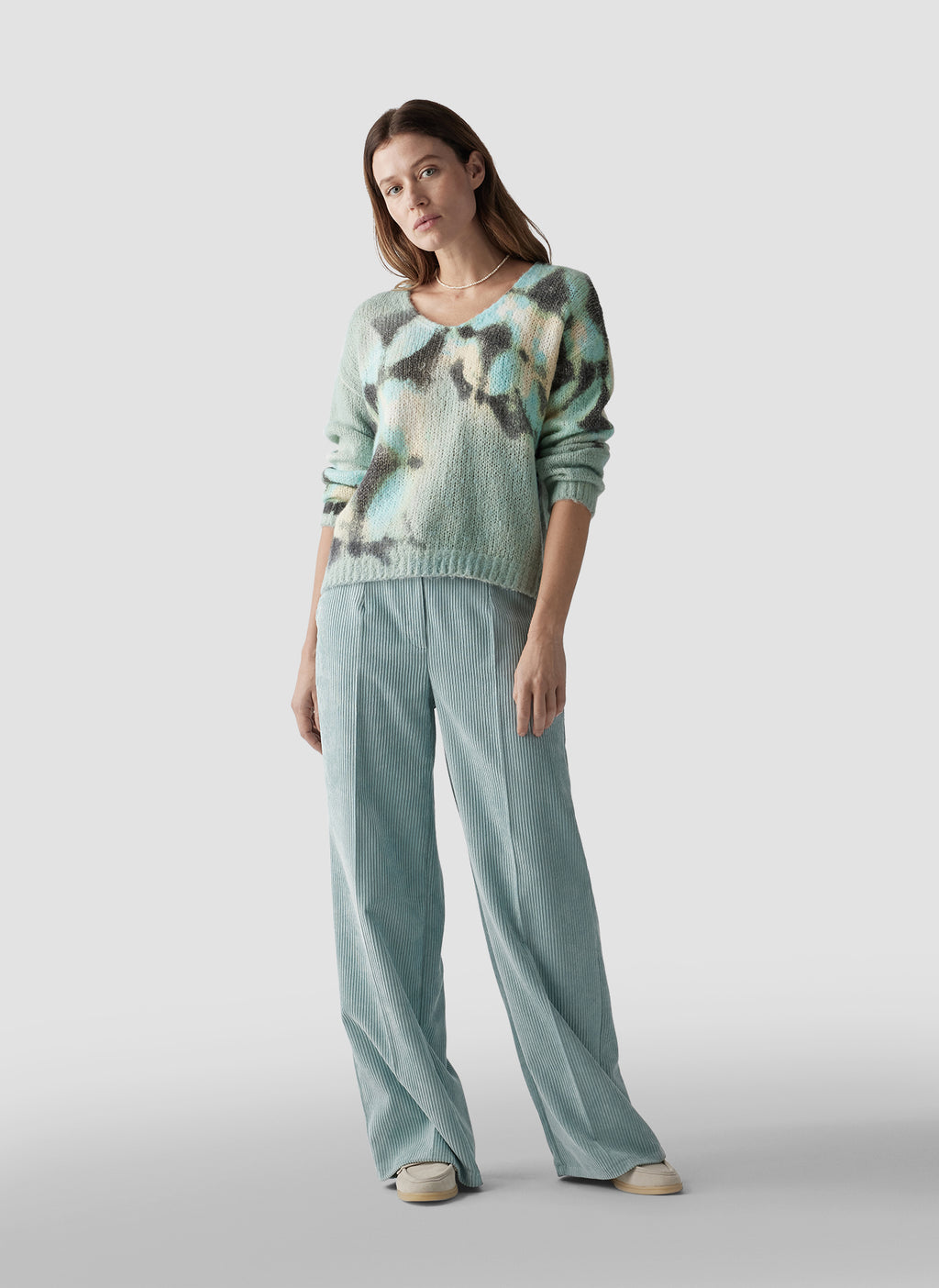 le comte wide leg cord trousers in teal (front)