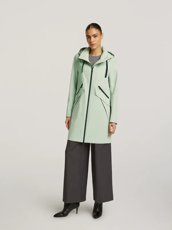 creenstone mabel raincoat in misty green (front)