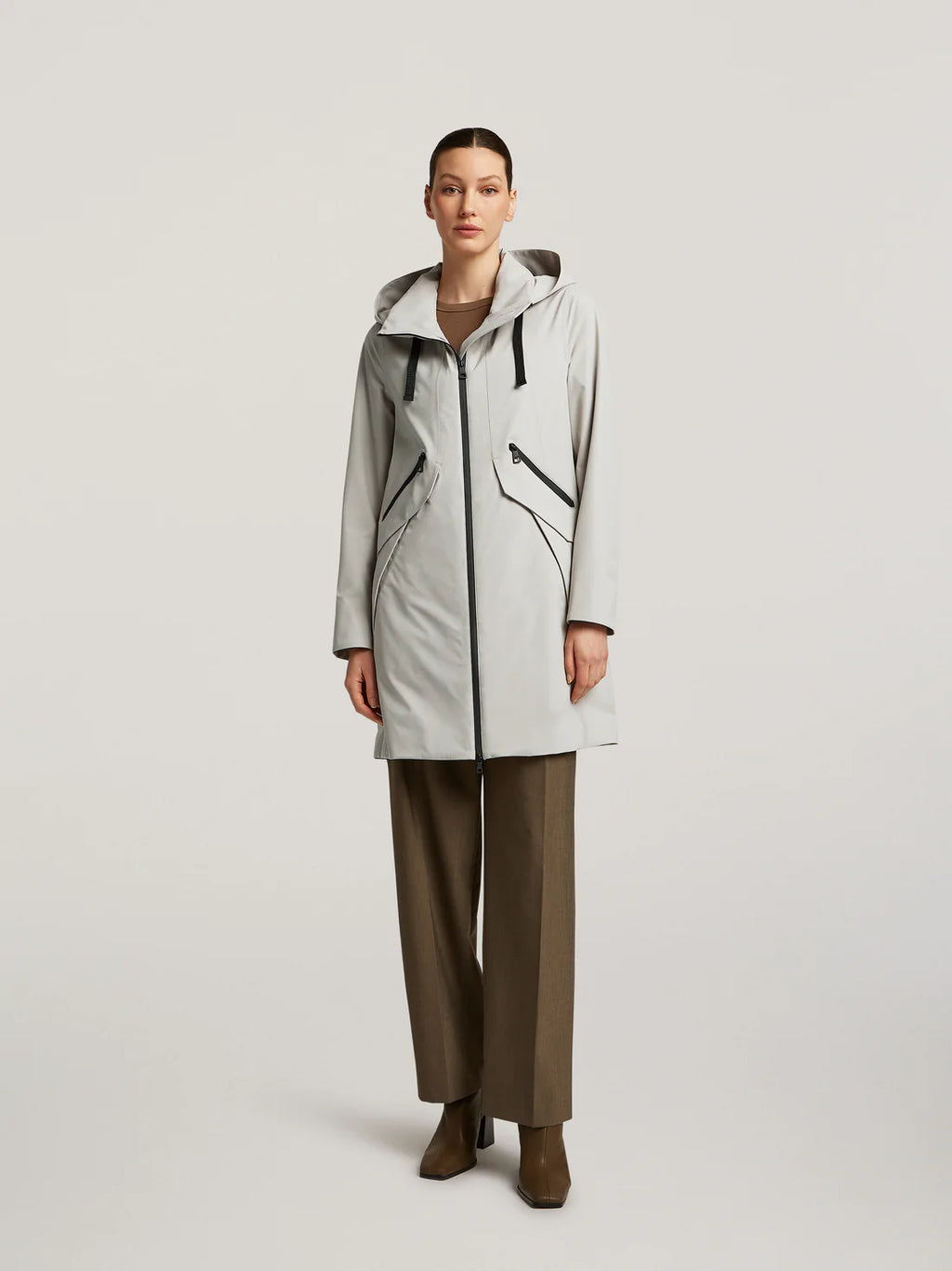 creenstone mabel raincoat in stone (front)