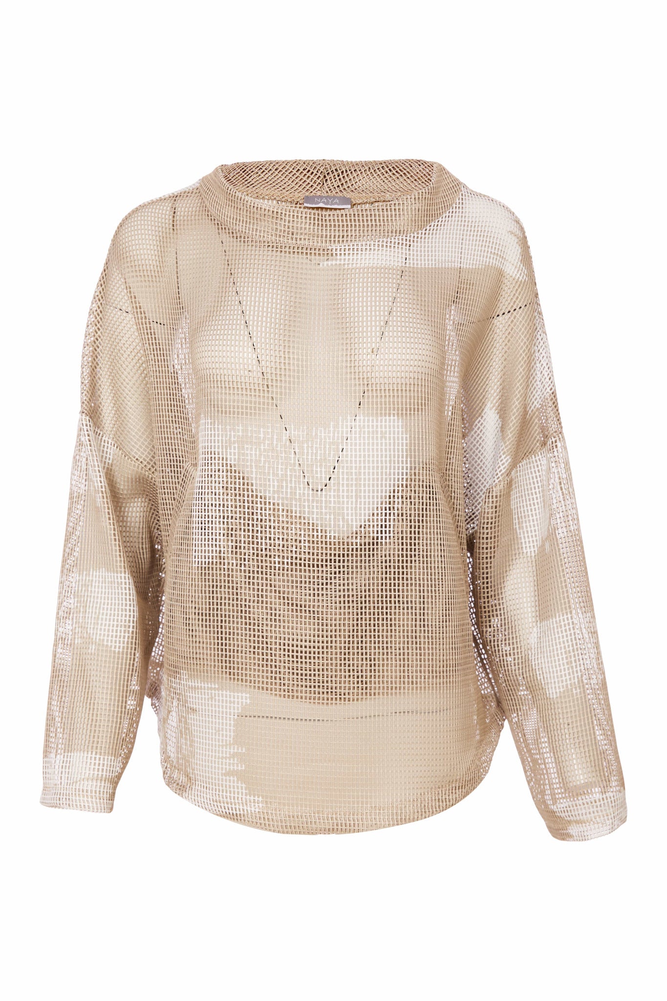 naya faded mesh top with funnel neck in fudge & cream (front)