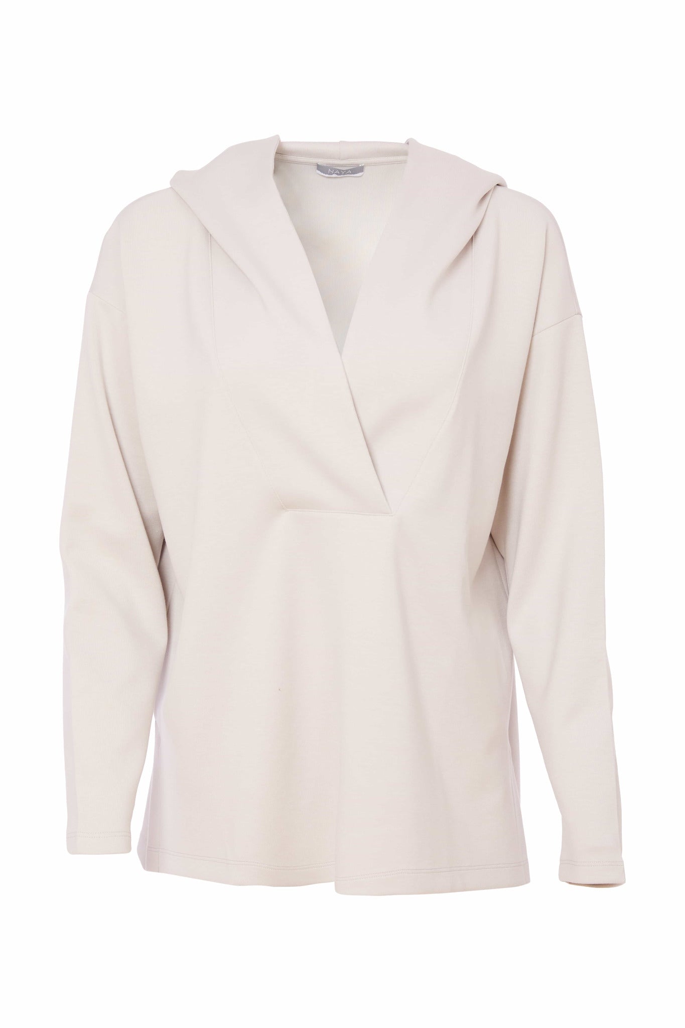 naya hooded top with wrap over neckline in sand (front)