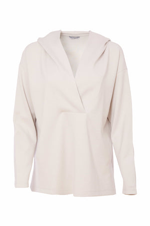 naya hooded top with wrap over neckline in sand (front)