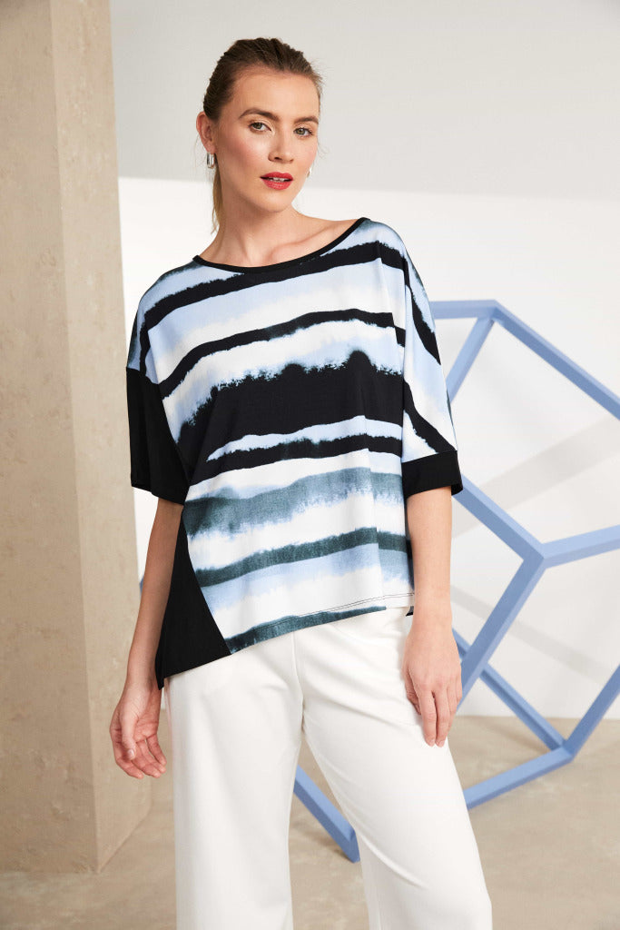 naya tie dye striped top in artic blue&black (front)