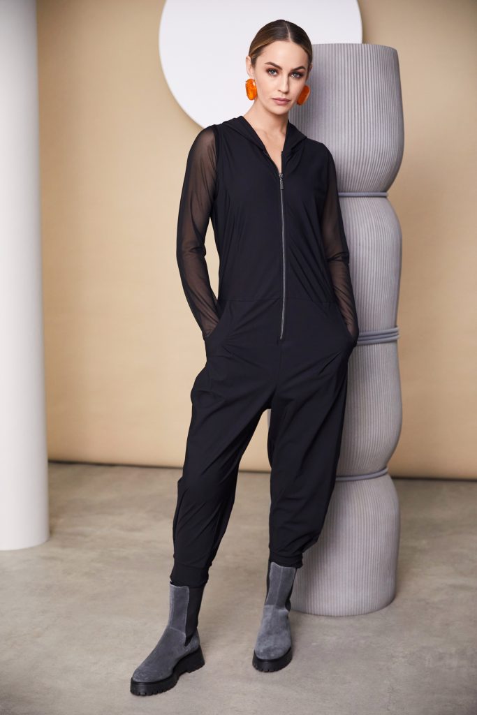 naya hooded jumpsuit in black (front)