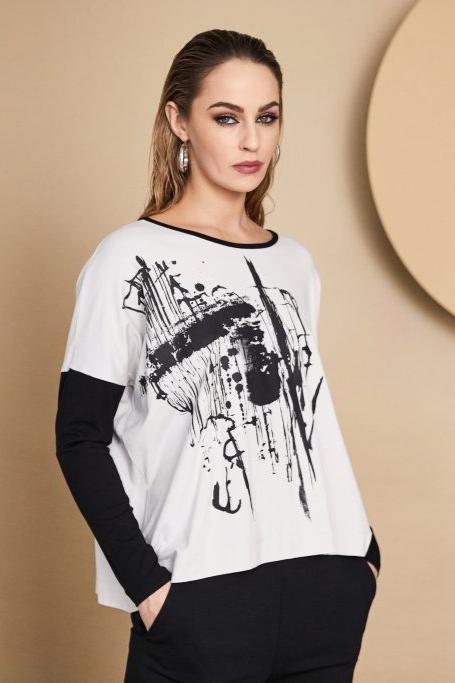 naya abstract print long sleeve top in black & sand (front)