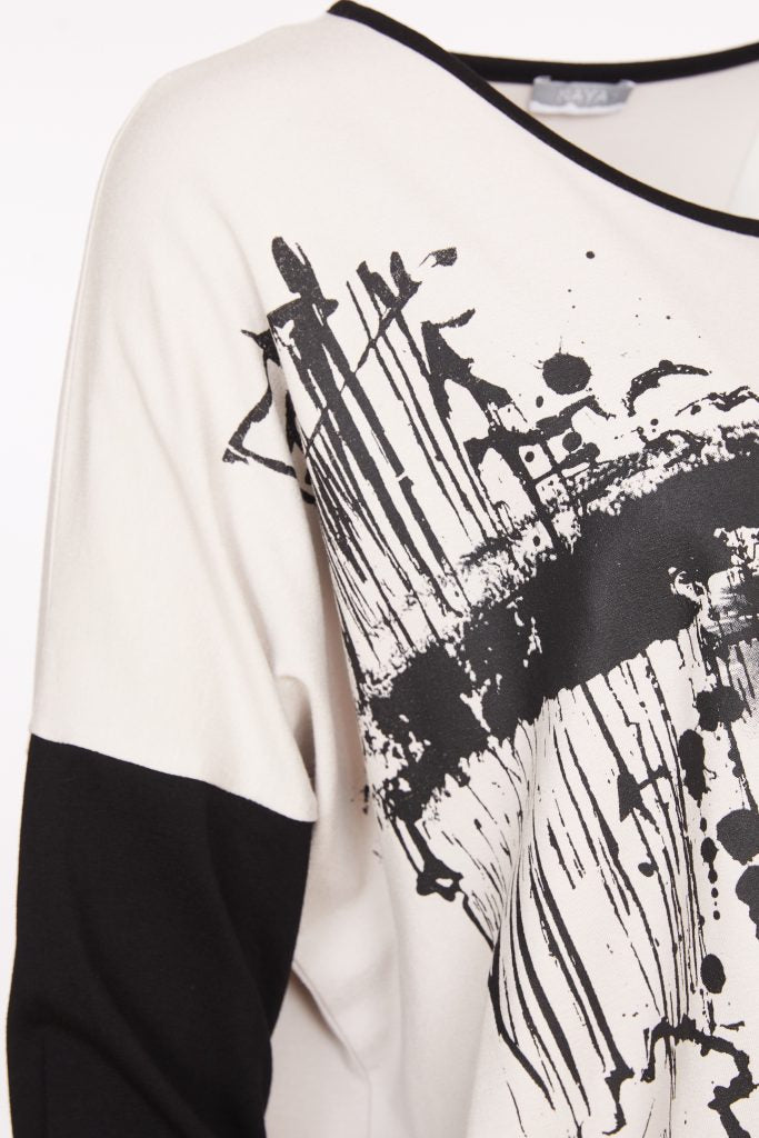 naya abstract print long sleeve top in black & sand (detail)