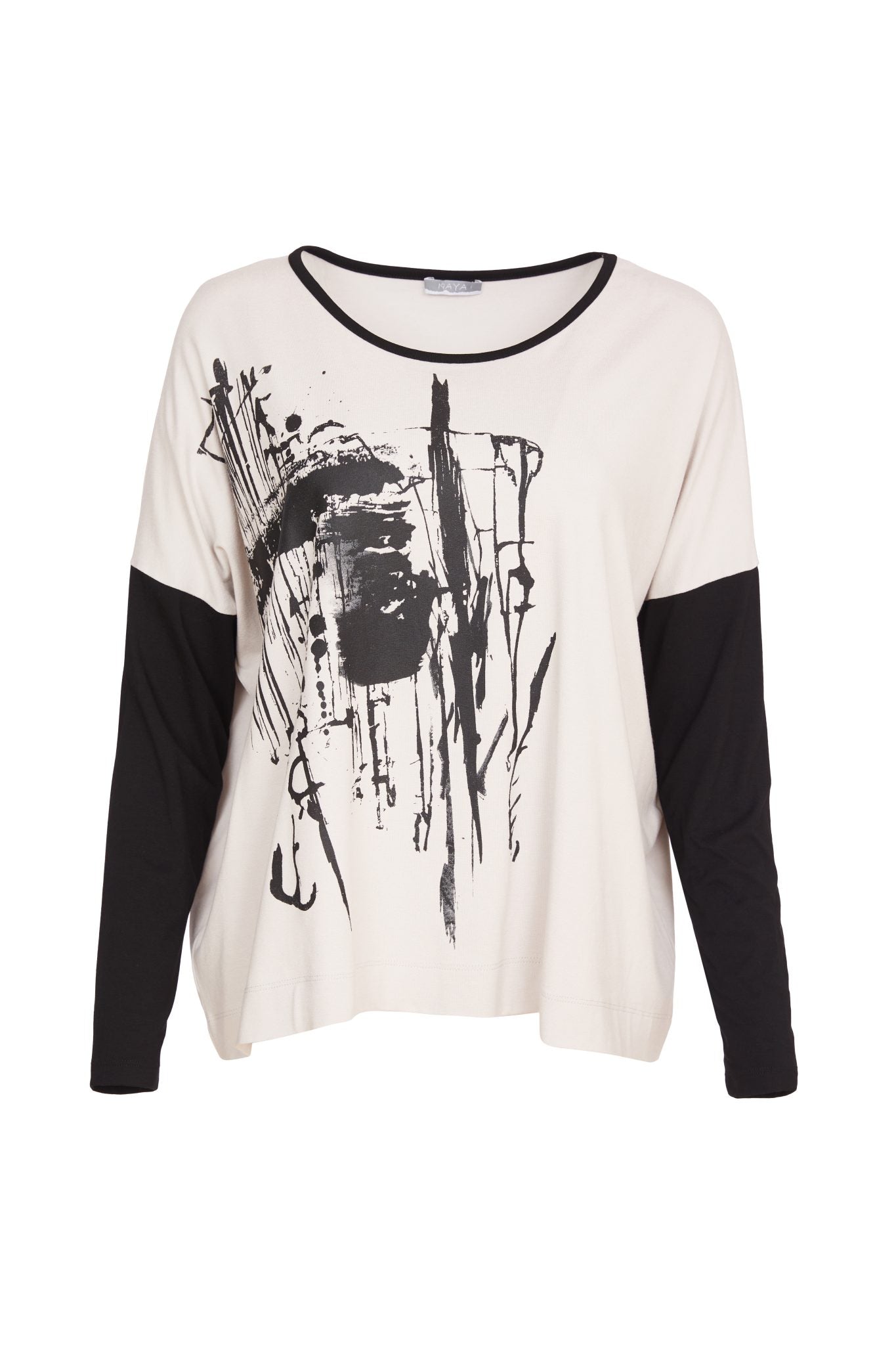 naya abstract print long sleeve top in black & sand (front)