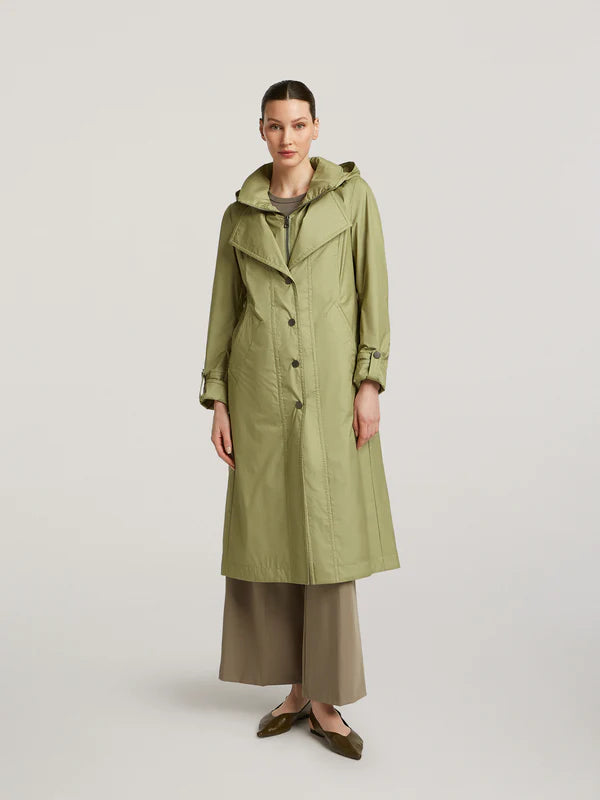 creenstone pearl long raincoat in khaki green (front)