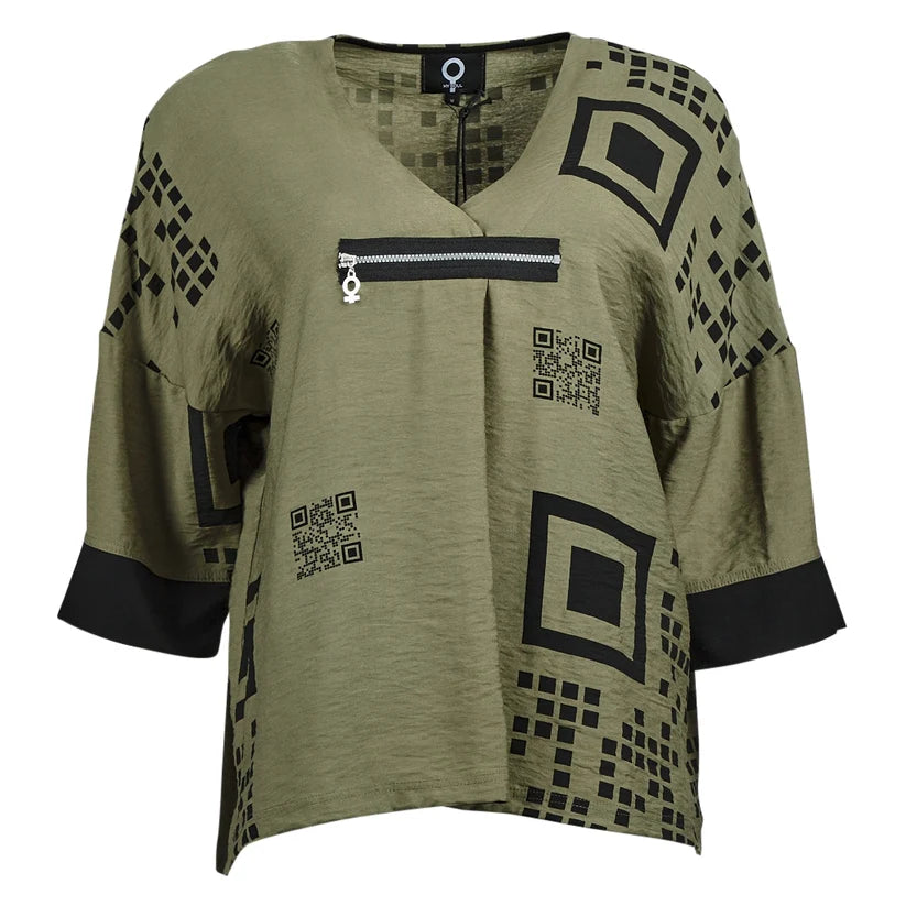 mysoul qr code oversized top in olive green (front)