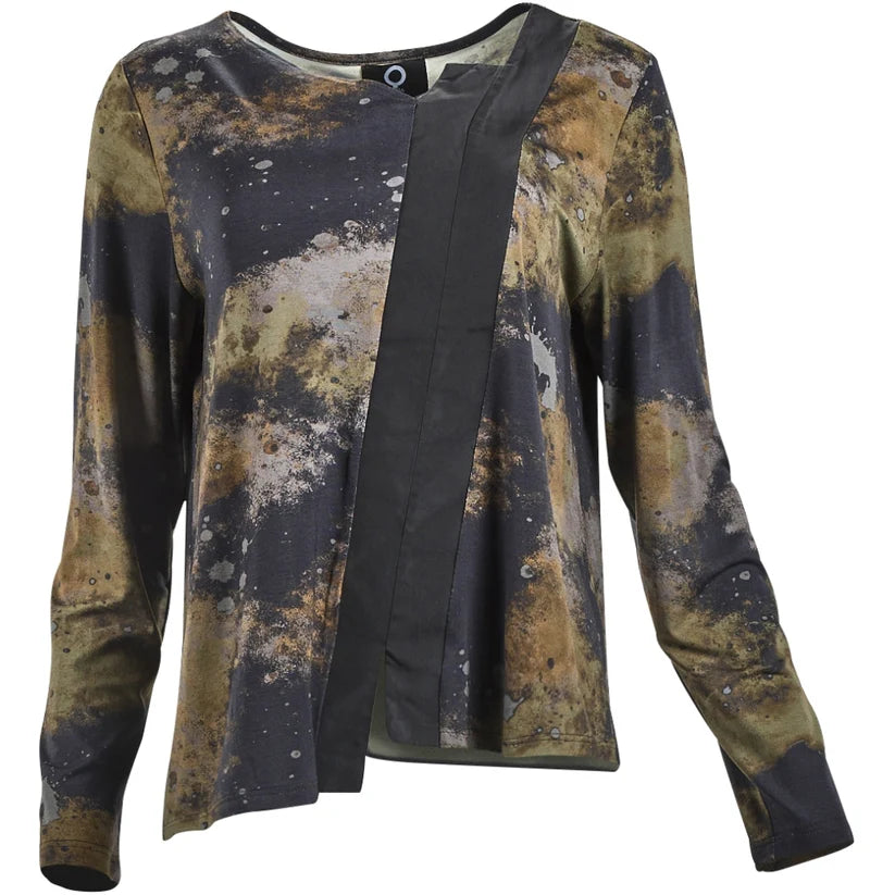 mysoul stain print panel top in olive green (front)