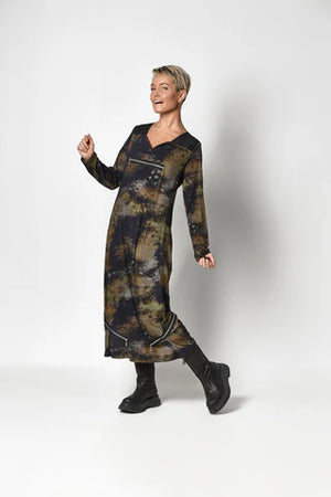 mysoul stain print long dress in olive green (front)