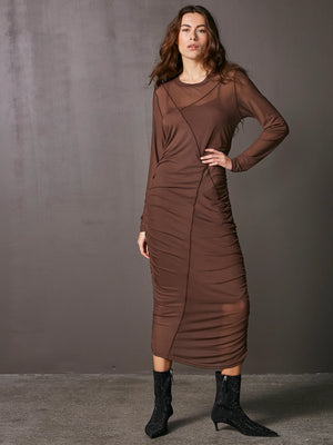 nu denmark vinja mesh slip dress in chocolate (front)