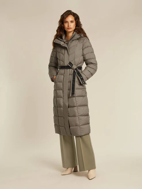 beaumont zahra long puffer coat in taupe (front)