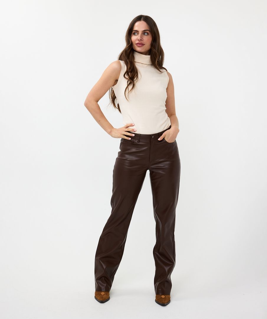 esqualo vegan leather straight leg trousers in chocolate  (front)