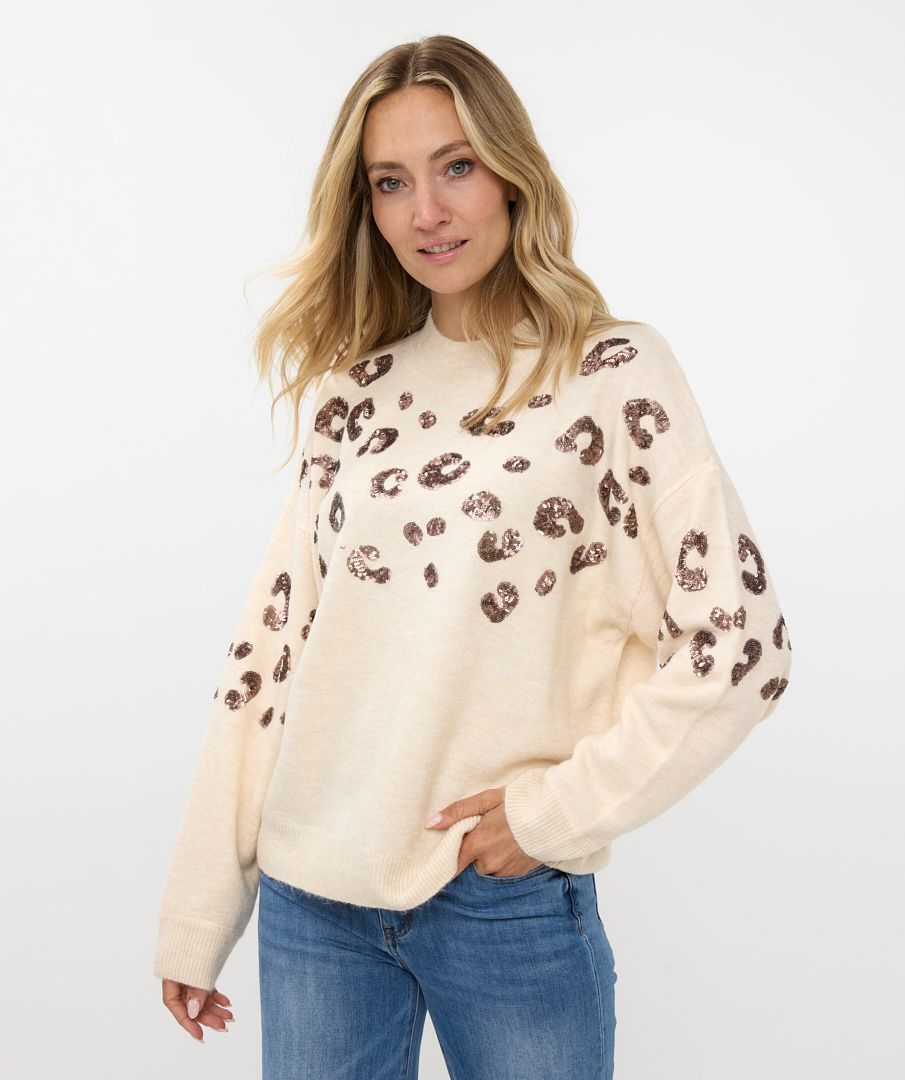 esqualo sequin leopard print sweater in beige (front)