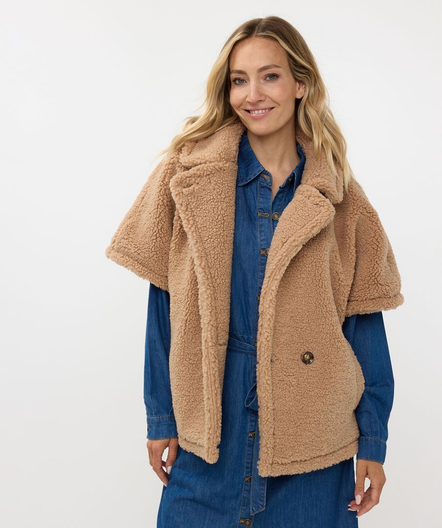 esqualo teddy poncho coat in brandy (front)