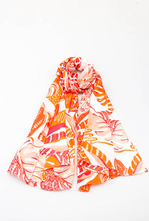 Large scarf in an orange and gold botanical print, 50% viscose 50% cotton