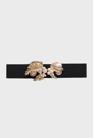 Gold leaf and pearl detail buckle elasticated belt in black 