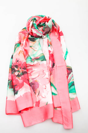 Large silk floral printed scarf in coral, 80% polyester 20% silk