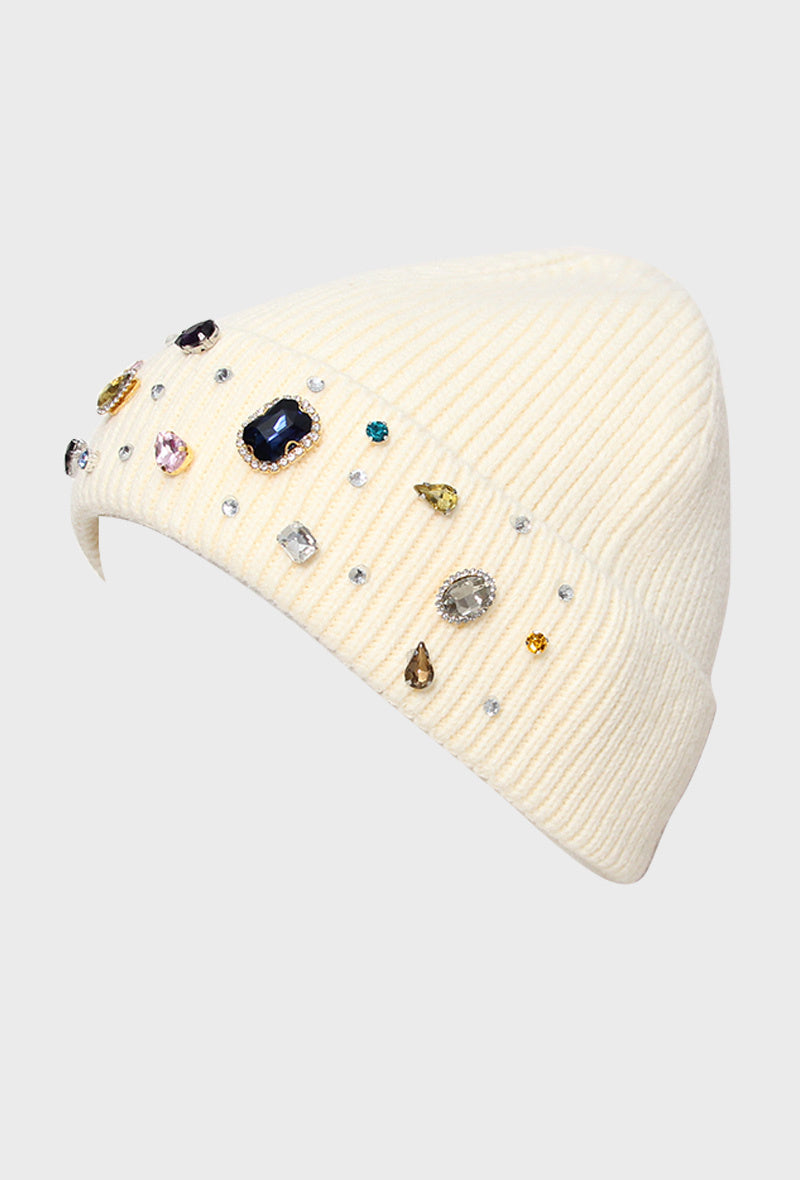 multicoloured diamond beanie in cream