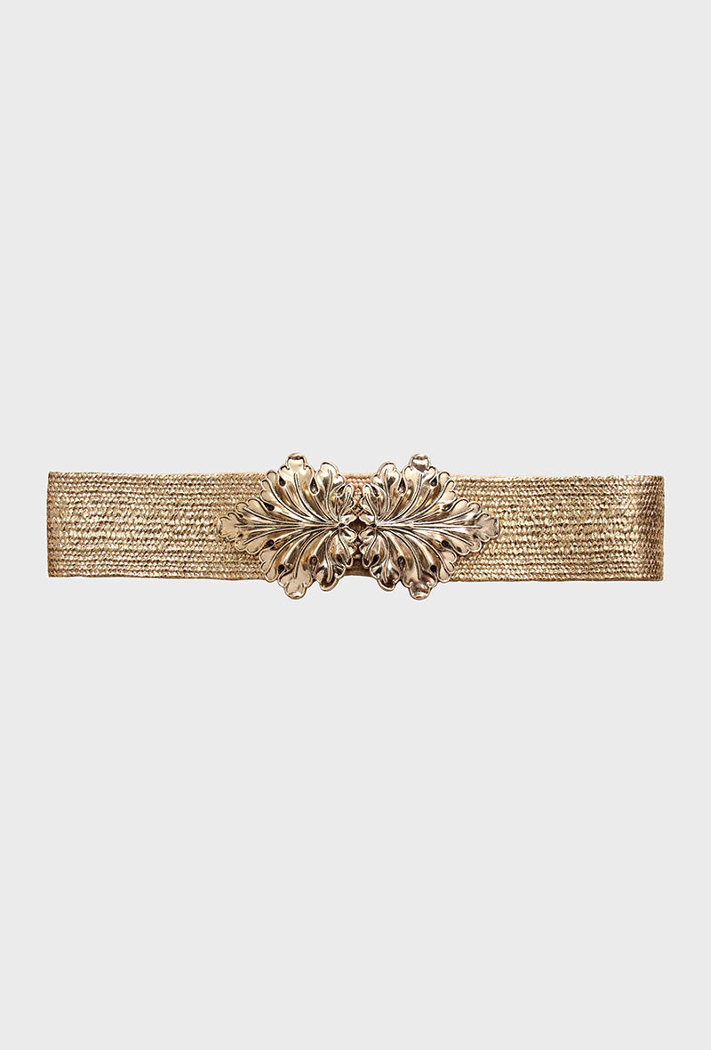 Gold elasticated belt with gold leaf buckle detail