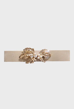 Gold leaf and pearl detail buckle elasticated belt in beige with gold stitching 